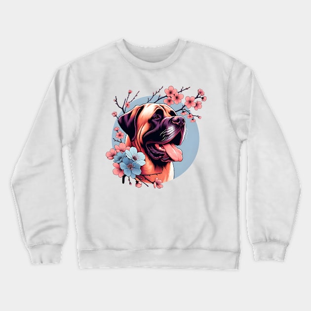 Spanish Mastiff Enjoys Spring Amidst Cherry Blossoms Crewneck Sweatshirt by ArtRUs